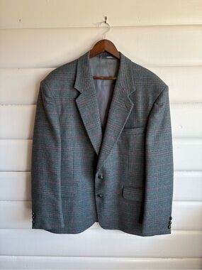 Vintage 100% Wool Tweed Windowpane Sport Coat Blazer 44R Old Money Mens